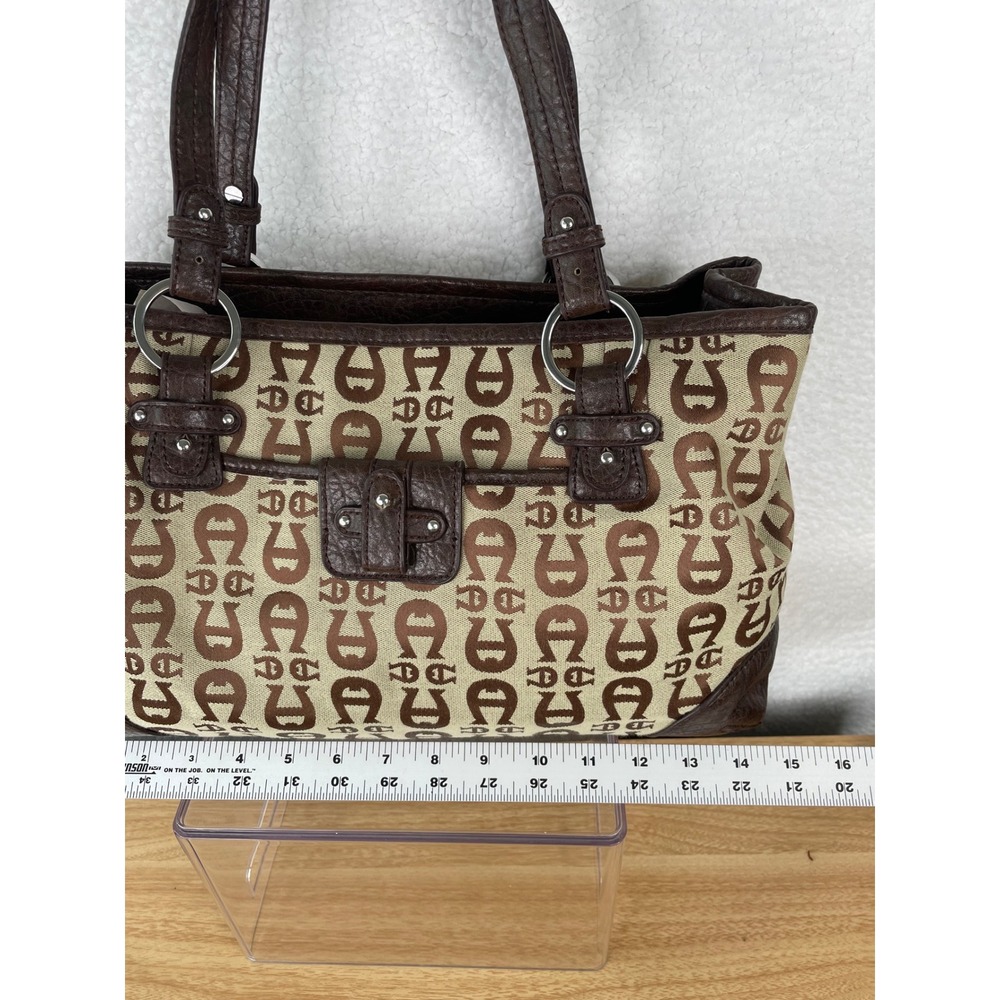 Etienne Aigner Monogram Jacquard Shoulder Bag Brown Tan Faux Leather Trim Tote - Picture 10 of 14